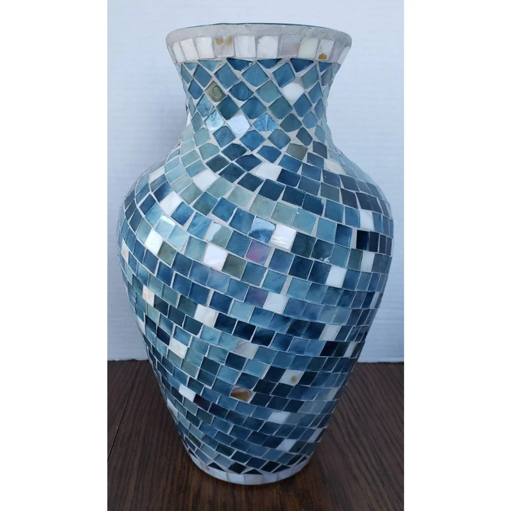 Mosaic 12 Inch Tall Blue White Tiled Glass Large Vase
